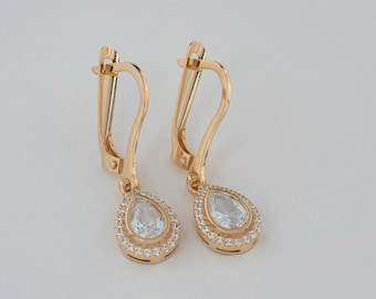 White Topaz Drop 8K 10K 14K Solid Gold Dangle Earrings Real Diamonds, Bezel April Birthstone Jewelry