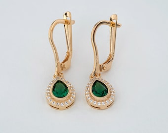 Emerald Bezel Drop 8K 10K 14K Solid Gold Dangle Earrings with Real Diamond Halo, May Birthstone
