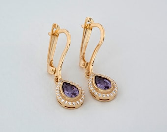 Amethyst Drop 8K 10K 14K Solid Gold Dangle Earrings with Real Diamonds, Bezel February Birthstone