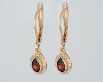 Garnet Drop 8K 10K 14K Solid Gold Dangle Earrings with Real Diamonds, Bezel January Birthstone