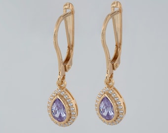 Alexandrite Drop 8K 10K 14K Solid Gold Dangle Earrings, Real Diamond June Birthstone