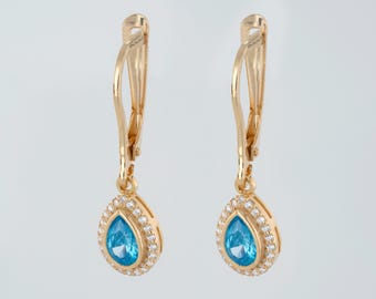 Aquamarine 8K 10K 14K Solid Gold Real Diamond Drop Dangle Earrings, Bezel March Birthstone Jewelry