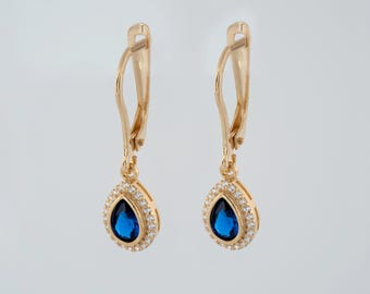 Sapphire Drop 8K 10K 14K Solid Gold Dangle Earrings Bezel Diamond Halo, September Birthstone