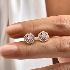 Pink Tourmaline Round Bezel Stud Earring in 14K Solid Gold with Real Diamonds, October Birthstone Jewelry - Christmas and Daughter Gift