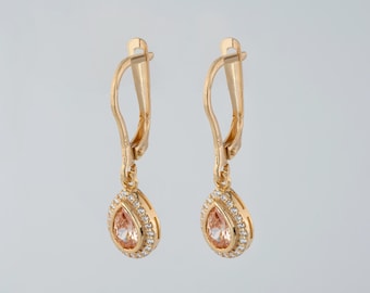 Citrine Drop 8K 10K 14K Solid Gold Dangle Earrings with Real Diamonds, Bezel November Birthstone