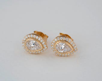 White Topaz 14K 10K Solid Gold Real Diamond Drop Stud Earring, Bezel April Birthstone