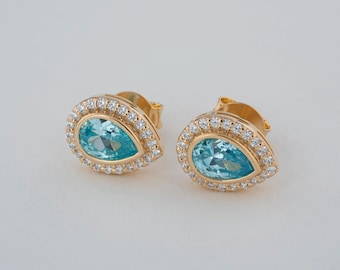 Aquamarine Drop Real Diamond 14K 10K Solid Gold Stud Earrings, Bezel March Birthstone Jewelry