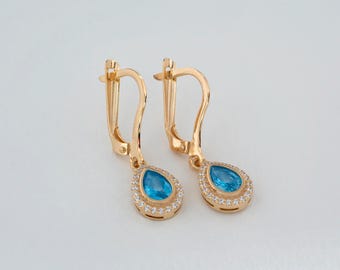 Blue Topaz Teardrop 8K 10K 14K Solid Gold Dangle Earrings Real Diamonds, Bezel December Birthstone