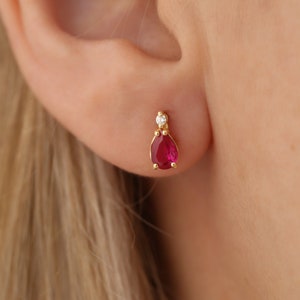 14K Solid Gold Solitaire Real Diamond & Ruby Teardrop Stud Earring, July Birthstone Jewelry, Perfect Engagement or Mother's Day Gift for Her