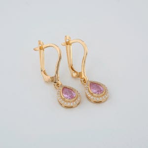 Drop Pink Tourmaline Bezel Dangle Earrings in 14K Solid Gold with Real Diamonds, October Birthstone, Gift for Christmas, or Mother&#39;s Day