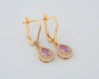 Pink Tourmaline 8K 10K 14K Solid Gold Drop Dangle Earrings Real Diamonds, Bezel October Birthstone
