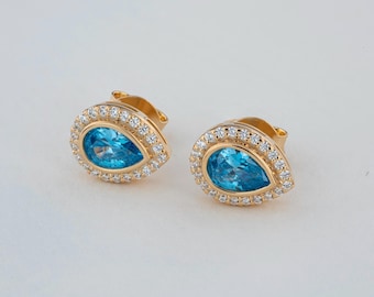 Blue Topaz Real Diamond Bezel Drop Studs Earrings, 14K 10K Solid Gold December Birthstone