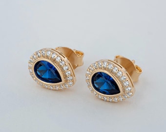 Sapphire Drop 14K 10K Solid Gold Stud Earrings with Real Diamond Halo, September Birthstone