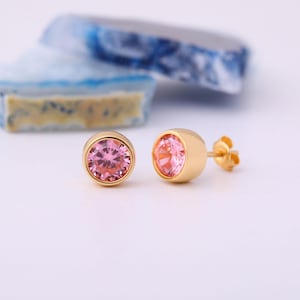 Pink Tourmaline Round Bezel 14K Solid Gold Stud Earrings, October Birthstone Jewelry, Gift for Christmas, Birth Month and Special Occasions