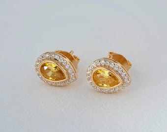 Yellow Topaz 14K 10K Solid Gold Real Diamond Drop Earrings, Bezel November Birthstone Jewelry