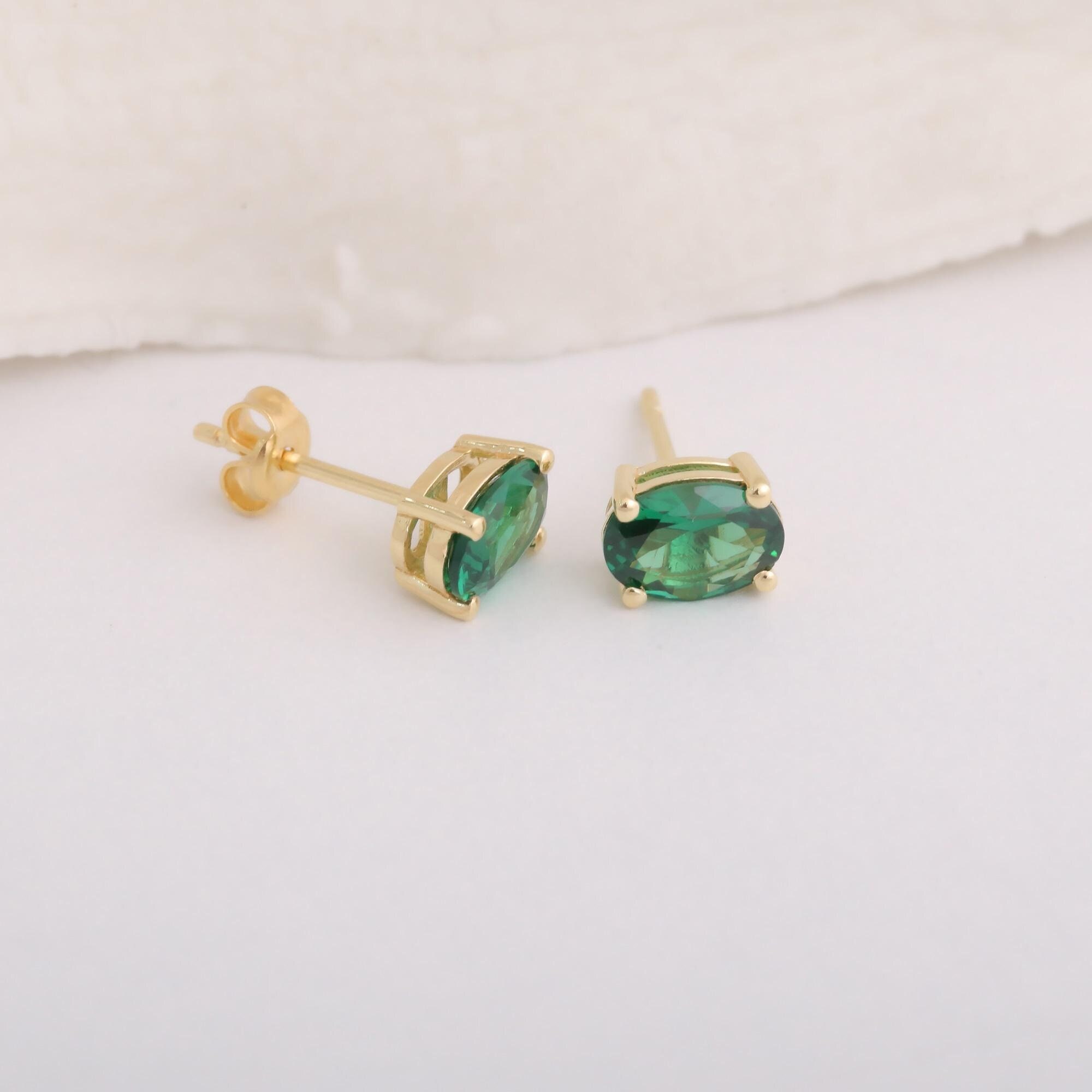 Oval Stud Earrings Emerald 14K Solid Gold, May Birthstone Jewelry, Perfect Christmas or Bridesmaid Gift for Her, Elegant Holiday Sparkle