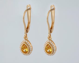Yellow Topaz Drop 8K 10K 14K Solid Gold Dangle Earrings with Real Diamonds, Bezel Birthstone Jewelry