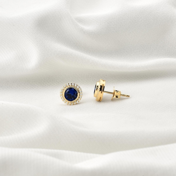 Sapphire Round 14K 10K Solid Gold Stud Earrings With Real  display picture 1