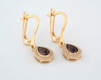 Smoky Quartz 8K 10K 14K Solid Gold Dangle Earrings with Real Diamonds, Bezel Jewelry