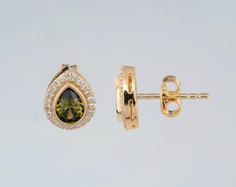 Peridot Stud 14K 10K Solid Gold Teardrop Earrings with Real Diamond Halo, August Birthstone