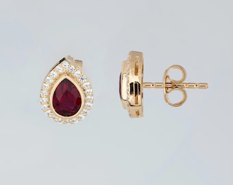 Ruby 14K 10K Solid Gold Teardrop Bezel Stud Earrings, Real Diamond Halo, July Birthstone
