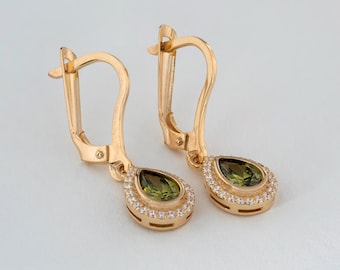 Peridot Bezel Drop 8K 10K 14K Solid Gold Dangle Earrings with Real Diamonds, August Birthstone
