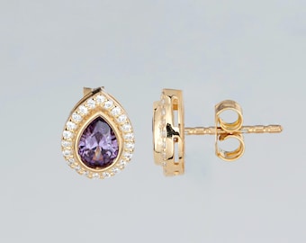 Amethyst Drop 14K 10K Solid Gold Stud Earrings, Real Diamond Halo, Bezel February Birthstone