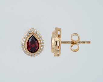 Garnet Teardrop 14K 10K Solid Gold Real Diamond Bezel Stud Earrings, January Birthstone