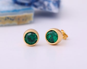 Round Emerald Bezel Stud Earrings in 14K Solid Gold, May Birthstone Earring, Perfect Gift for Christmas, Graduation and Special Occasions