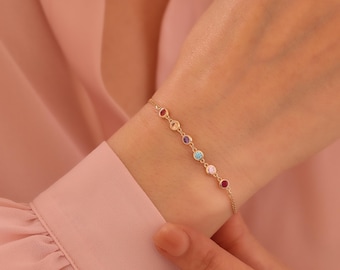 Family Birthstone Round 14K 10K Solid Gold Bracelet, Dainty Personalized Jewelry