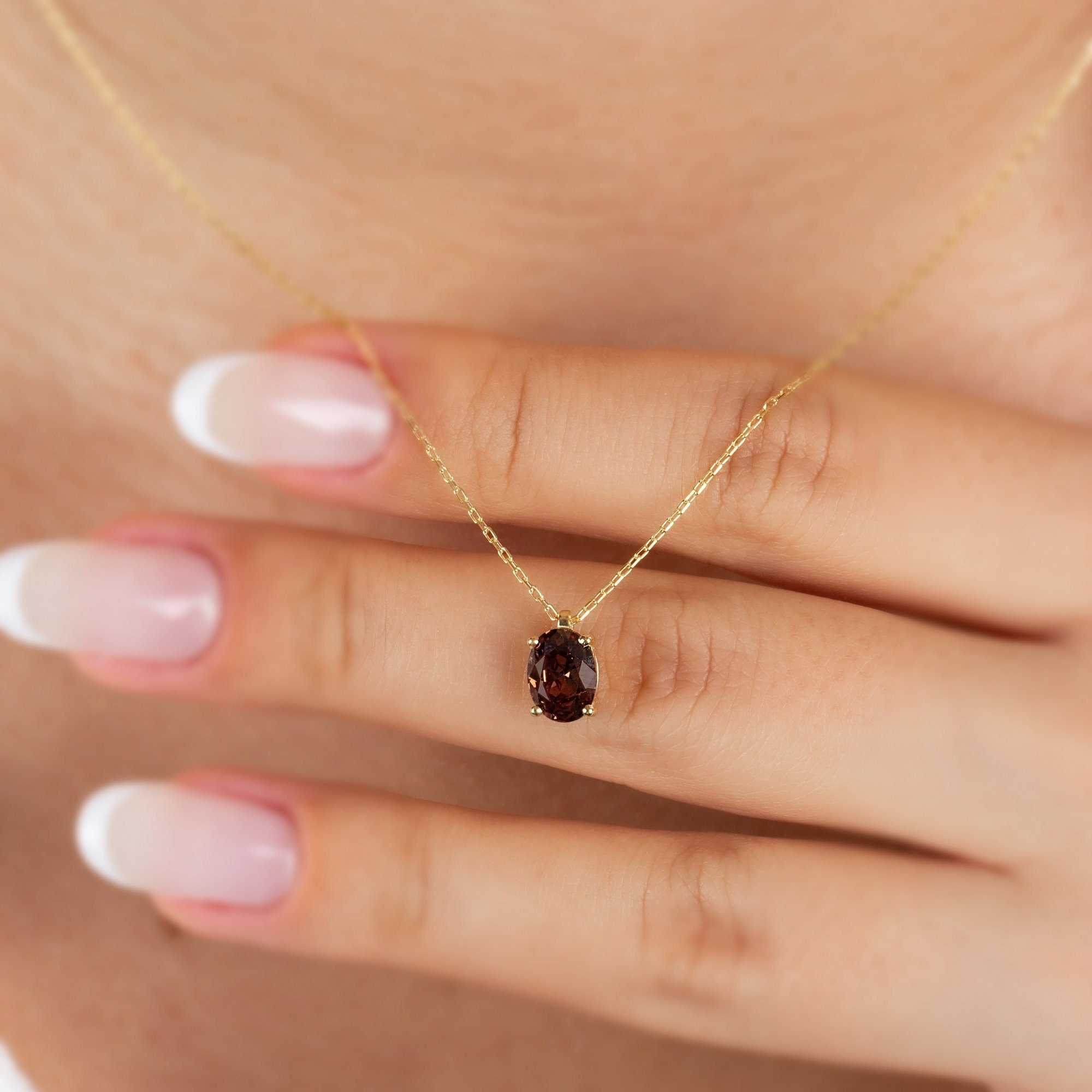 Minimalist 14K 10K 8K Solid Gold Smoky Quartz Necklace, Brown Oval 