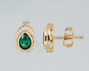 Emerald Drop 14K 10K Solid Gold Stud Earrings, Real Diamond Halo, May Birthstone Jewelry