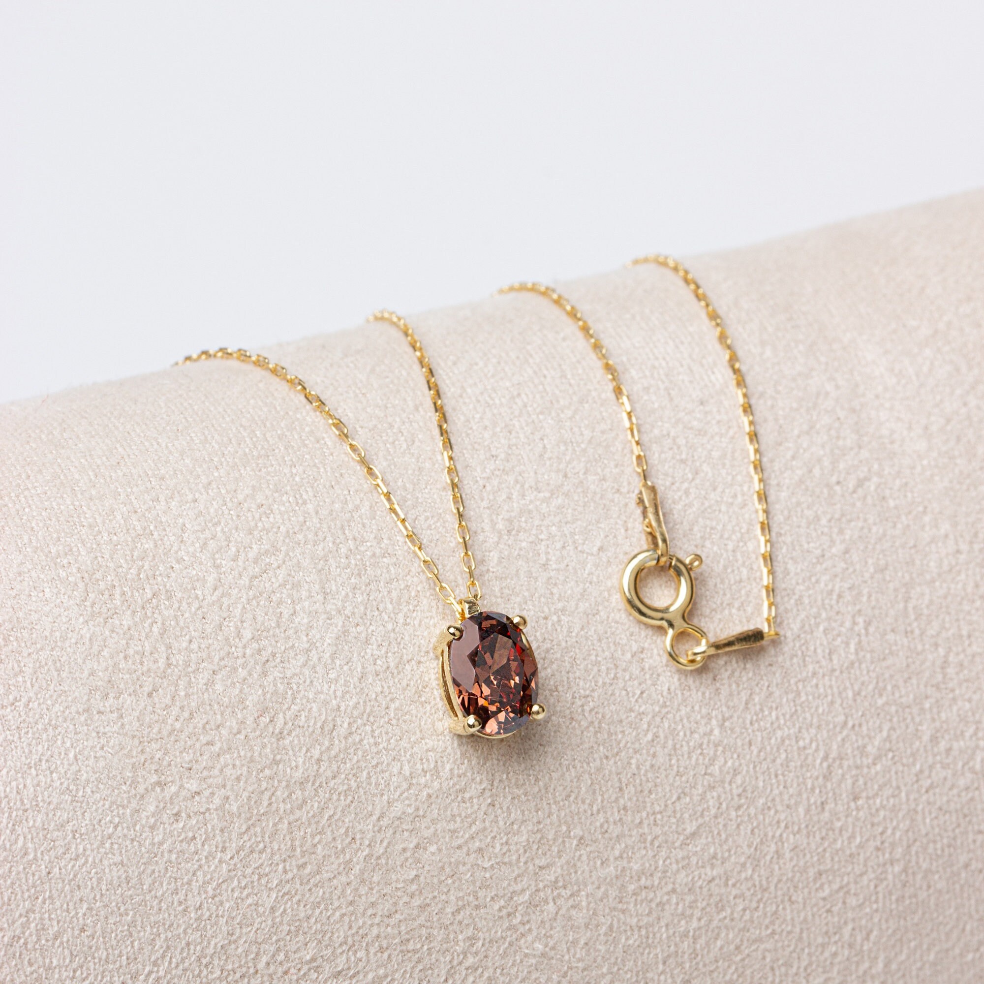 Minimalist 14K 10K 8K Solid Gold Smoky Quartz Necklace, Brown Oval 
