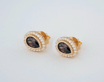 Smoky Quartz 14K Solid Gold Real Diamond Teardrop Earrings, Dainty Bezel Jewelry