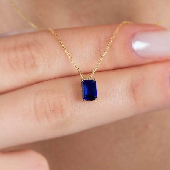 Sapphire Rectangle Necklace 14K Solid Gold, Birthstone