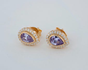 Alexandrite Drop 14K 10K Solid Gold Stud Earrings with Real Diamond Bezel, June Birthstone