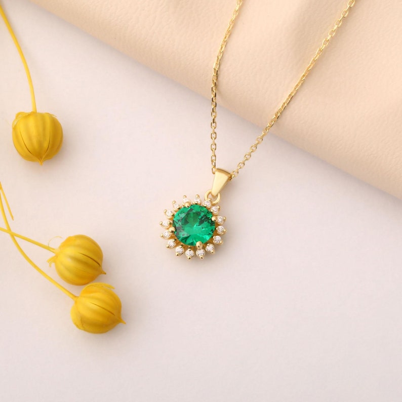 Round Emerald 14K Solid Gold Necklace Surrounded by Real Diamonds, May