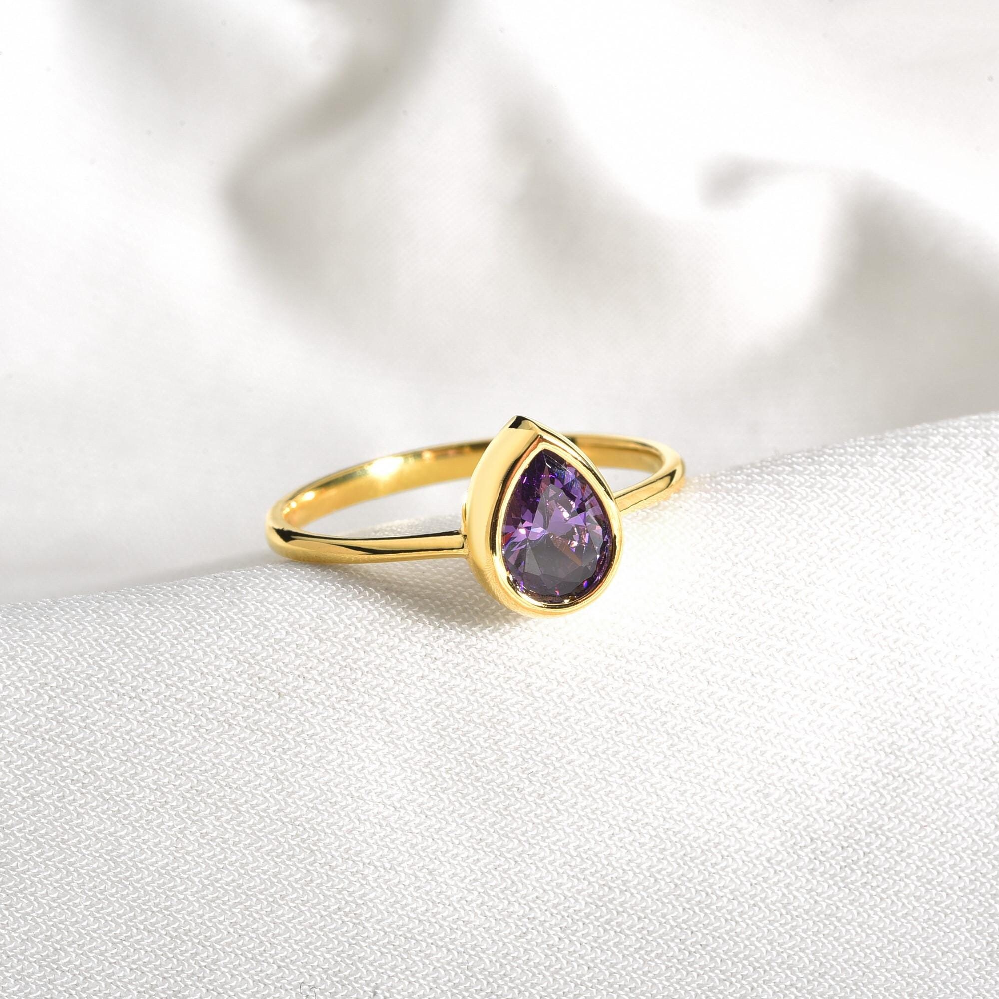 Amethyst Teardrop Bezel 14K 10K 8K Solid Gold Ring, February