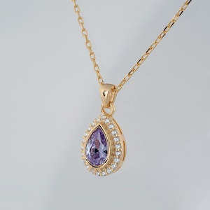 14K Solid Gold Teardrop Alexandrite Necklace Pendant with Real Diamonds, June Jewelry