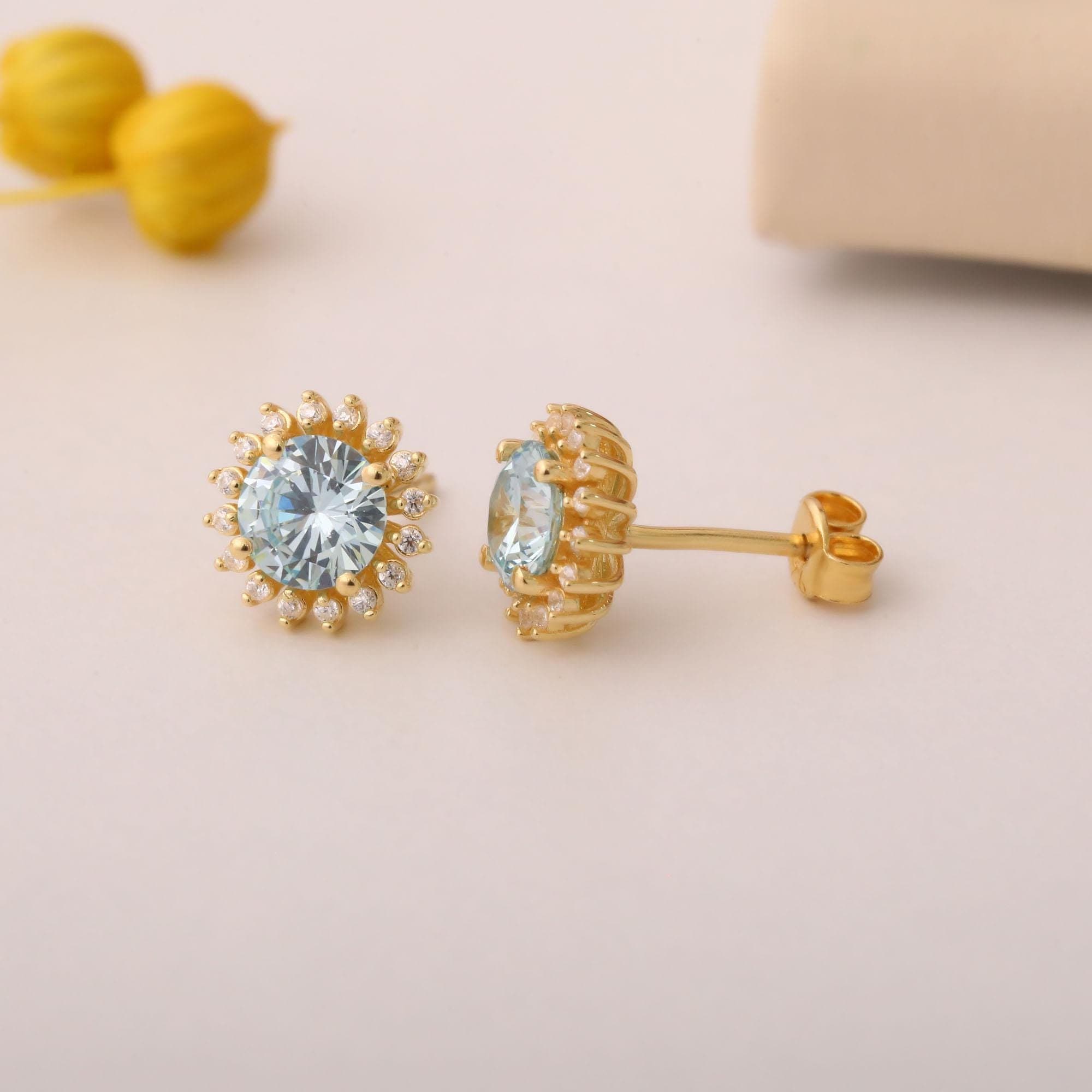 Round Aquamarine 14K Solid Gold Stud Earrings Surrounded by Real Diamonds, Timeless Birthstone Jewelry for March Gifts and Celebrations