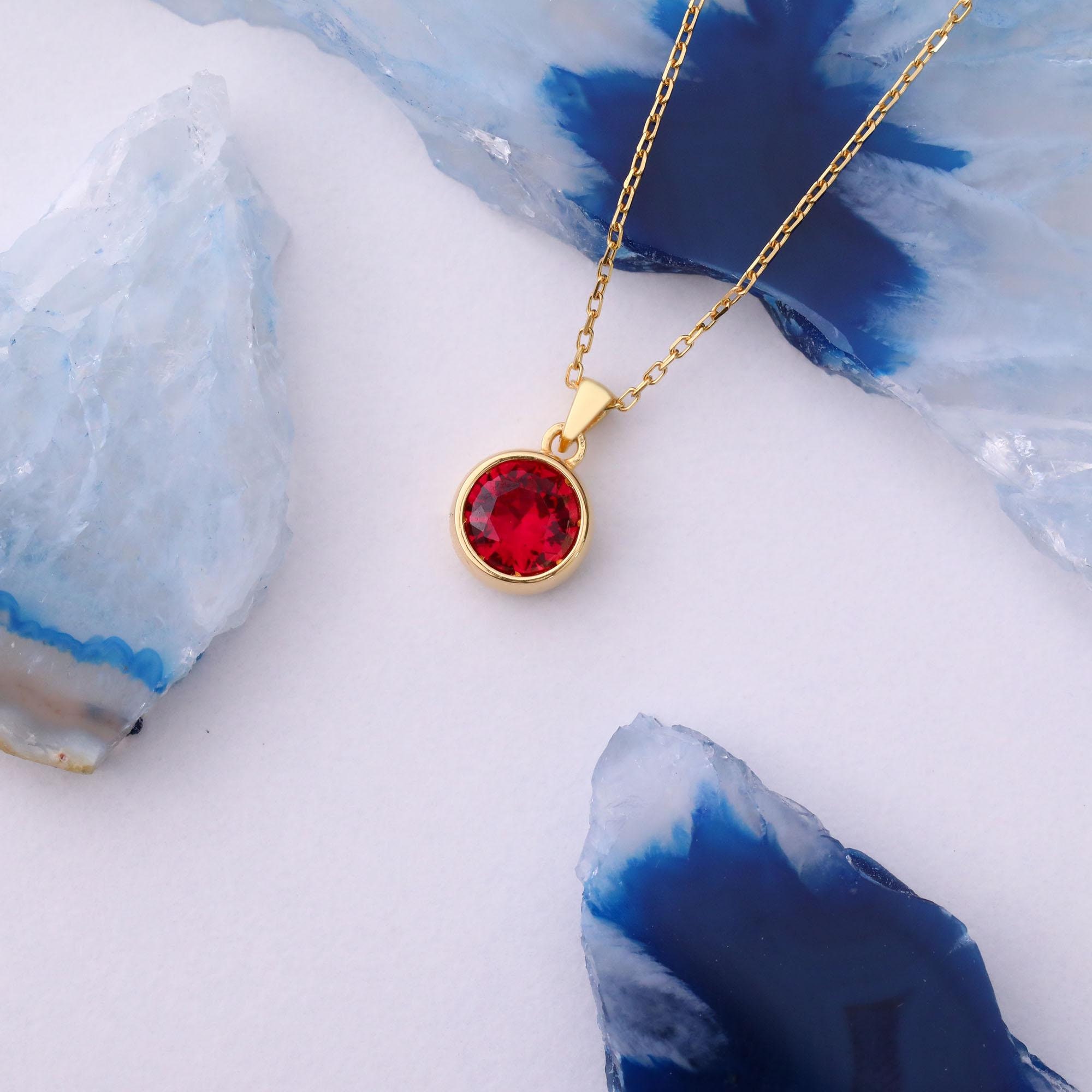 Round Ruby Bezel Pendant Necklace,14K Solid Gold Choker for Elegant Layering,Perfect July Birthstone Charm Gift for Christmas or Anniversary