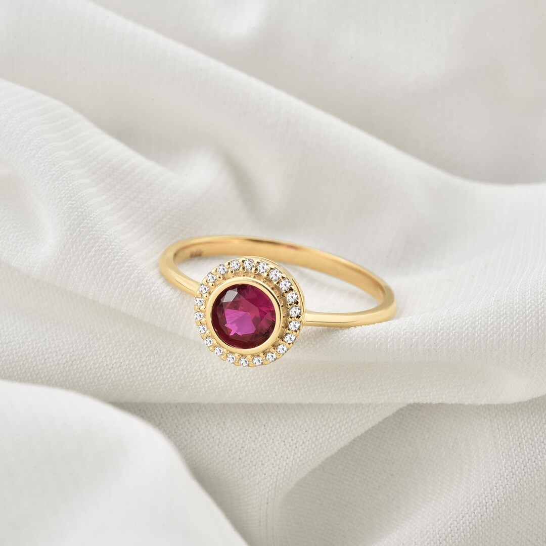14K Solid Gold Ruby Ring With Real Diamond Halo - July Birthstone ...