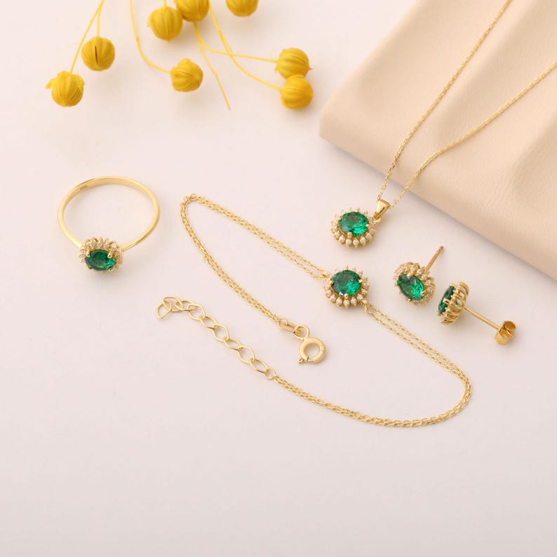 Round Emerald 14K Solid Gold Necklace Surrounded by Real Diamonds, May