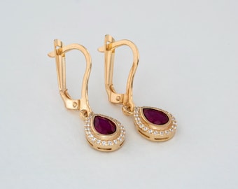 Ruby Drop Earrings 8K 10K 14K Solid Gold Dangle Earrings with Real Diamonds, Bezel July Birthstone