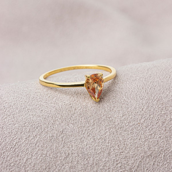 Anillo de corte de pera de citrino gota de oro macizo de 14 quilates, elegante anillo de piedra de nacimiento de noviembre, regalo perfecto para el día de la madre - novia - esposa