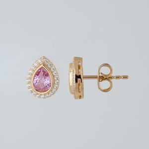 Pink Tourmaline Drop Bezel Stud Earrings in 14K Solid Gold with Real Diamond, October Birthstone Earring, Perfect Gift for Wife or Daughter