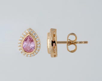 Pink Tourmaline Drop 14K 10K Solid Gold Real Diamond Stud Earrings, Bezel October Birthstone