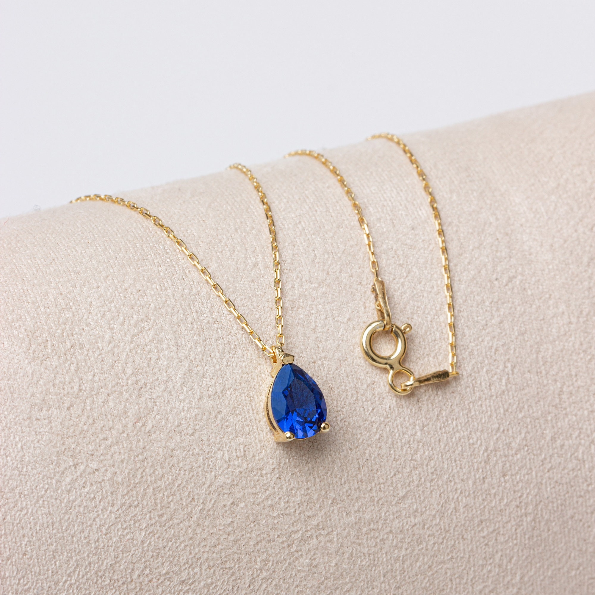 14K Solid Gold Drop Necklace Sapphire Drop Necklace - Etsy