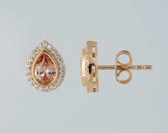 Citrine Teardrop Bezel 14K 10K Solid Gold Stud Earrings with Real Diamond, November Birthstone