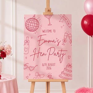 May include: A pink sign on a wooden easel reads "Welcome to Emma's Hen Party 16th August 2026" with illustrations of a disco ball, champagne glasses, and a cake. Pink balloons, flowers, and a disco ball decorate the scene.